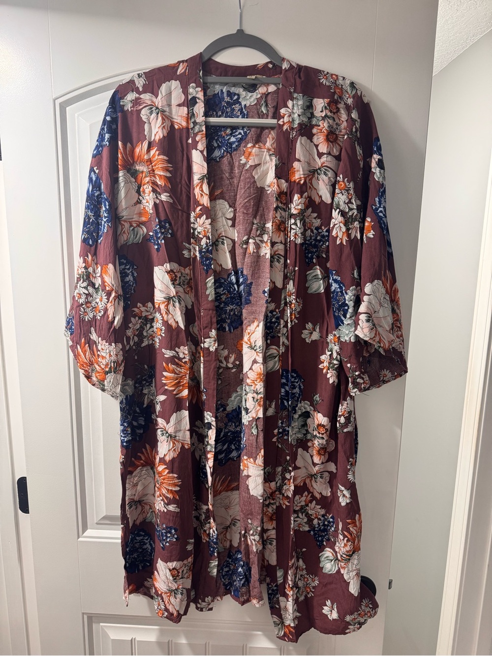 Kori Floral Duster Cardigan in Maroon with Blue, Orange, and Cream Flowers